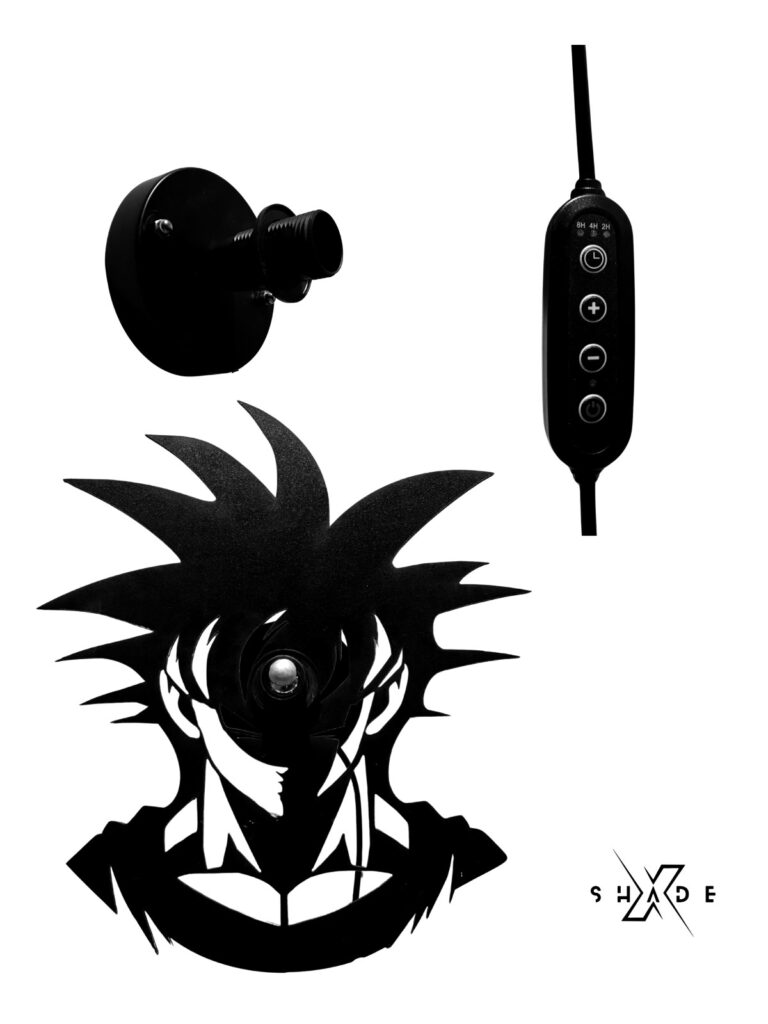 ShadeX Goku shadow lamp glowing on a wall